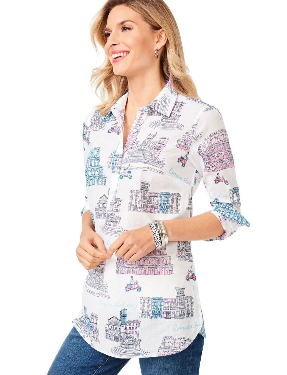 NWT Talbots Popover Shirt M Cotton Roman Holiday Scooter Scene Side Button Top